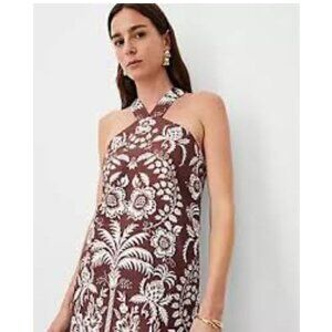 ANN TAYLOR "Palm" Cotton/Linen Halter Shift Mini Dress Brown/White 16